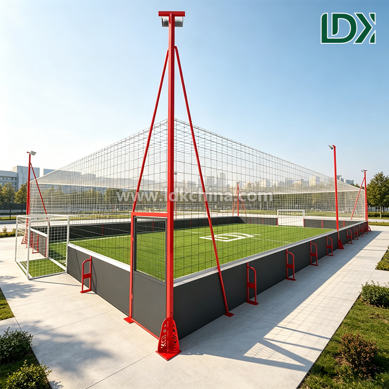Small Size Cage Football Field With Mini Goals Safety Netting Artificial Turf Access Door and Steel Frame Poles