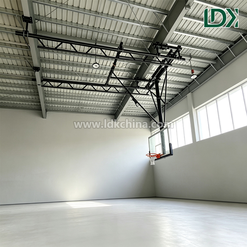 Ceiling Mounted Basketball Hoop for Gymnasium Tempered Glass Backboard Adjustable Height Indoor Basketball Goal