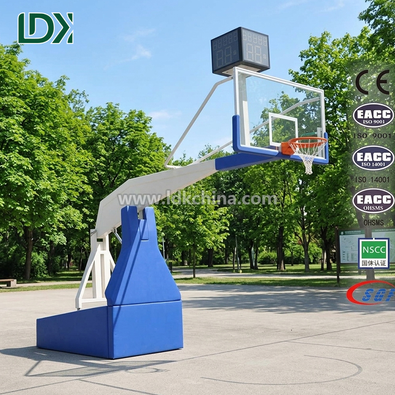 Heavy Duty Adjustable Hydraulic Basketball Goal with Tempered Glass Backboard for Indoor Outdoor High End Court