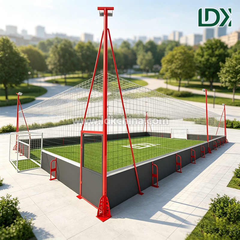Small Size Cage Football Field With Mini Goals Safety Netting Artificial Turf Access Door and Steel Frame Poles