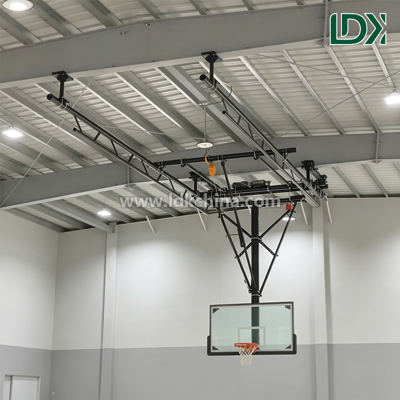 Ceiling Mounted Basketball Hoop for Gymnasium Tempered Glass Backboard Adjustable Height Indoor Basketball Goal