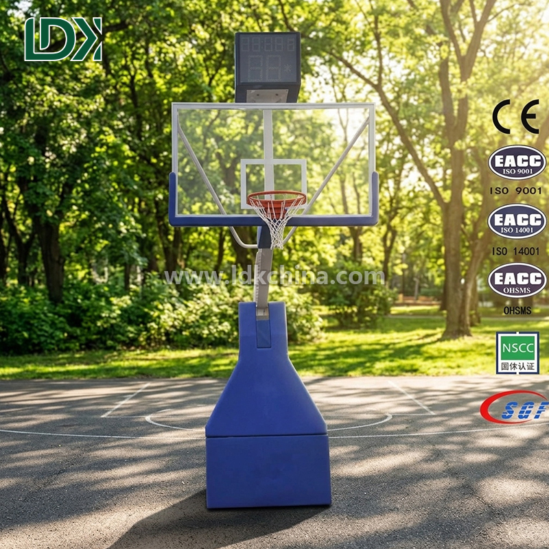 Heavy Duty Adjustable Hydraulic Basketball Goal with Tempered Glass Backboard for Indoor Outdoor High End Court
