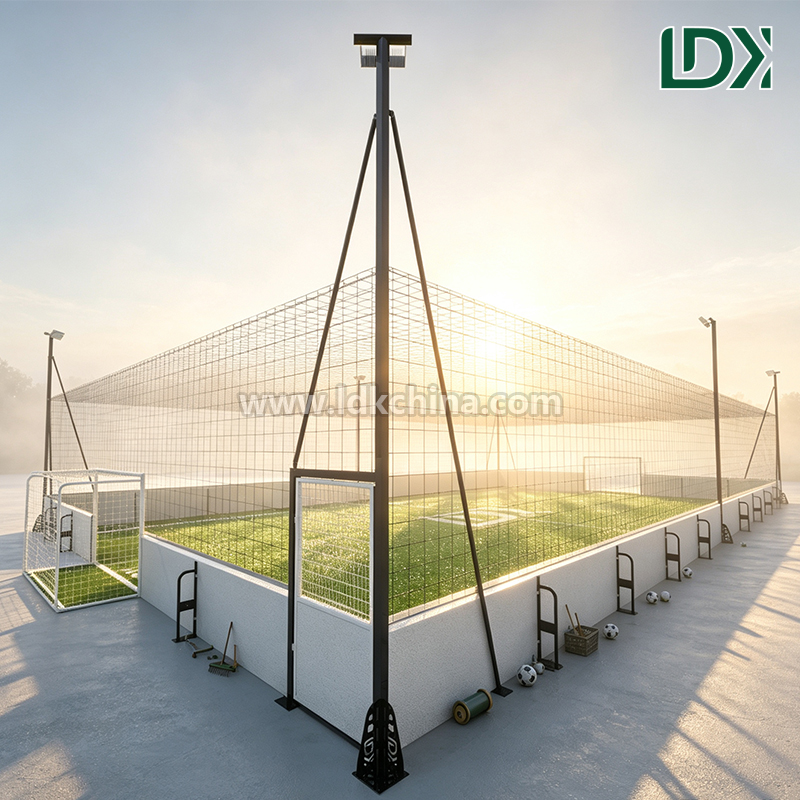 Small Size Cage Football Field With Mini Goals Safety Netting Artificial Turf Access Door and Steel Frame Poles