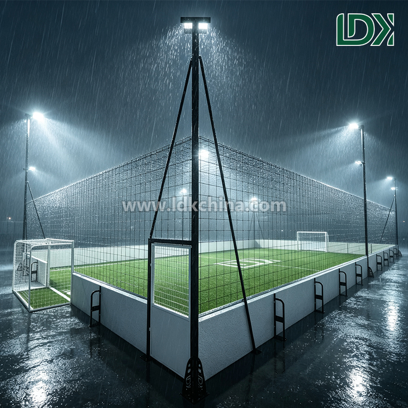 Small Size Cage Football Field With Mini Goals Safety Netting Artificial Turf Access Door and Steel Frame Poles